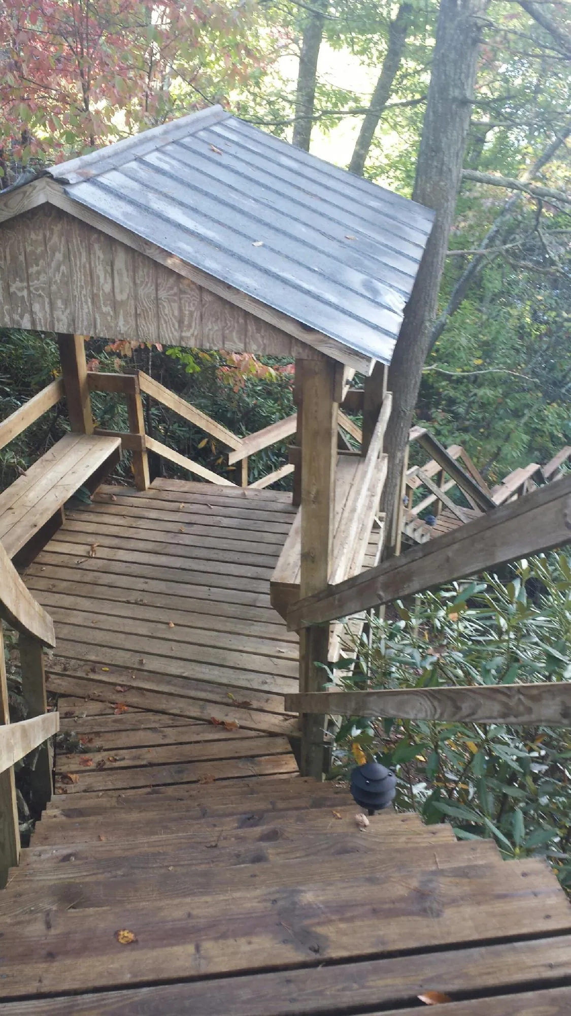 Metal roofed shelter over wooden steps on a wooded walkway — Skylight Repair & Installation work by our crew in Georges Mills
